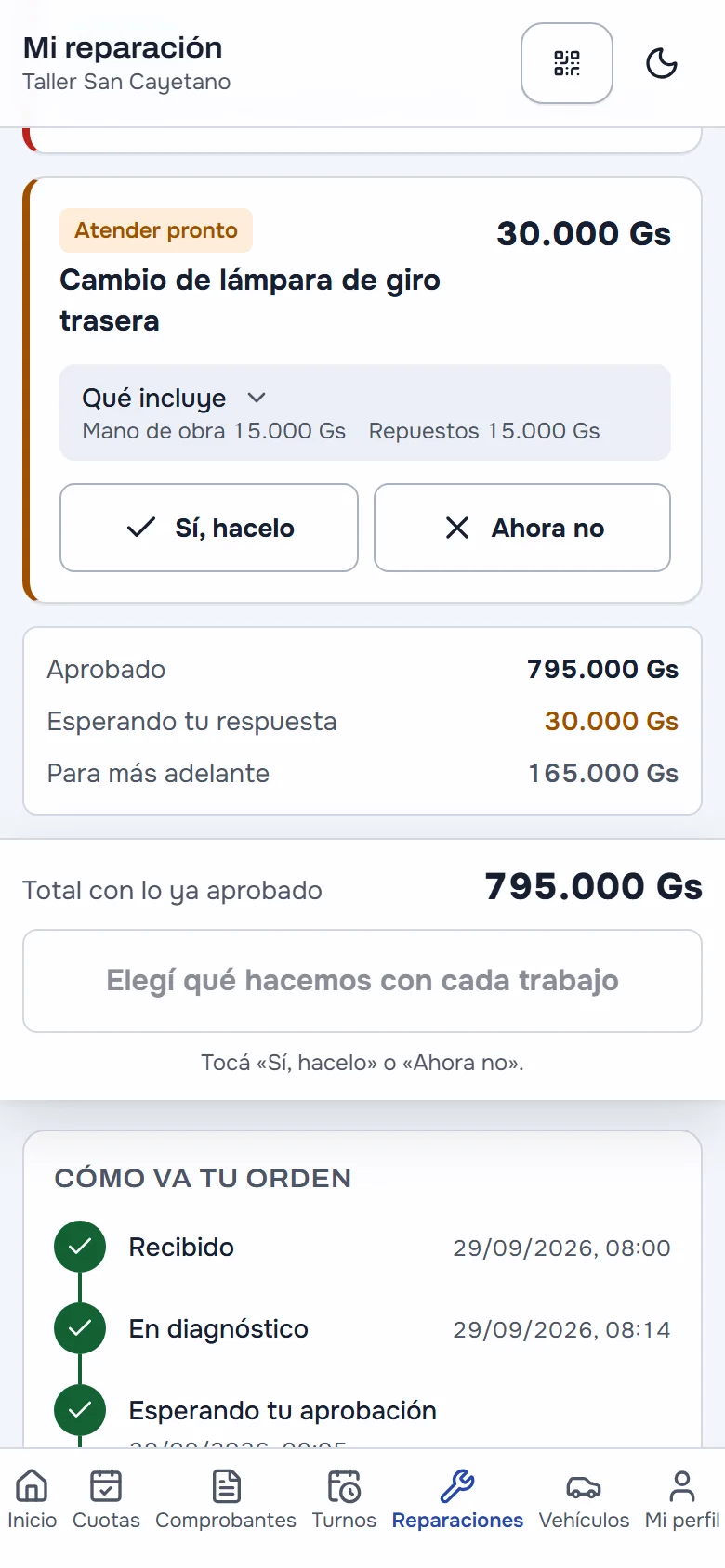 El presupuesto de un taller en el celular del cliente: el trabajo que apareció con el auto en el elevador, con su precio, lo que incluye y los botones «Sí, hacelo» y «Ahora no»; debajo, lo aprobado, lo que espera su respuesta y lo que dejó para más adelante, y el total con lo ya aprobado.